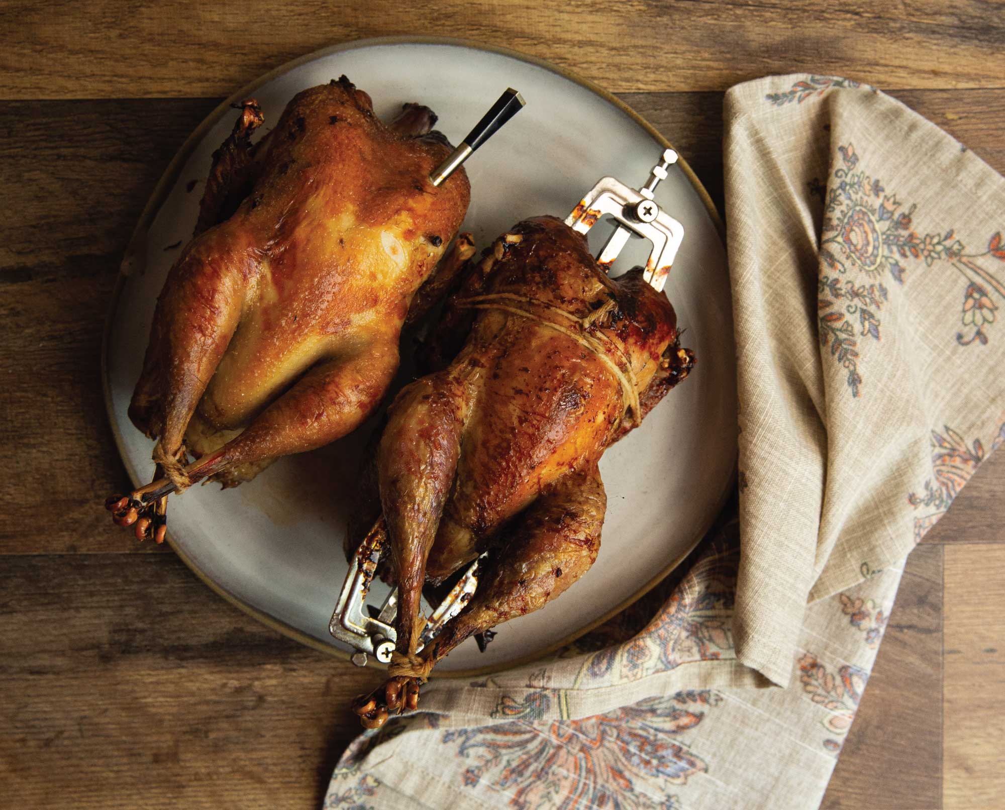 Air fried pheasant on plates after cooking