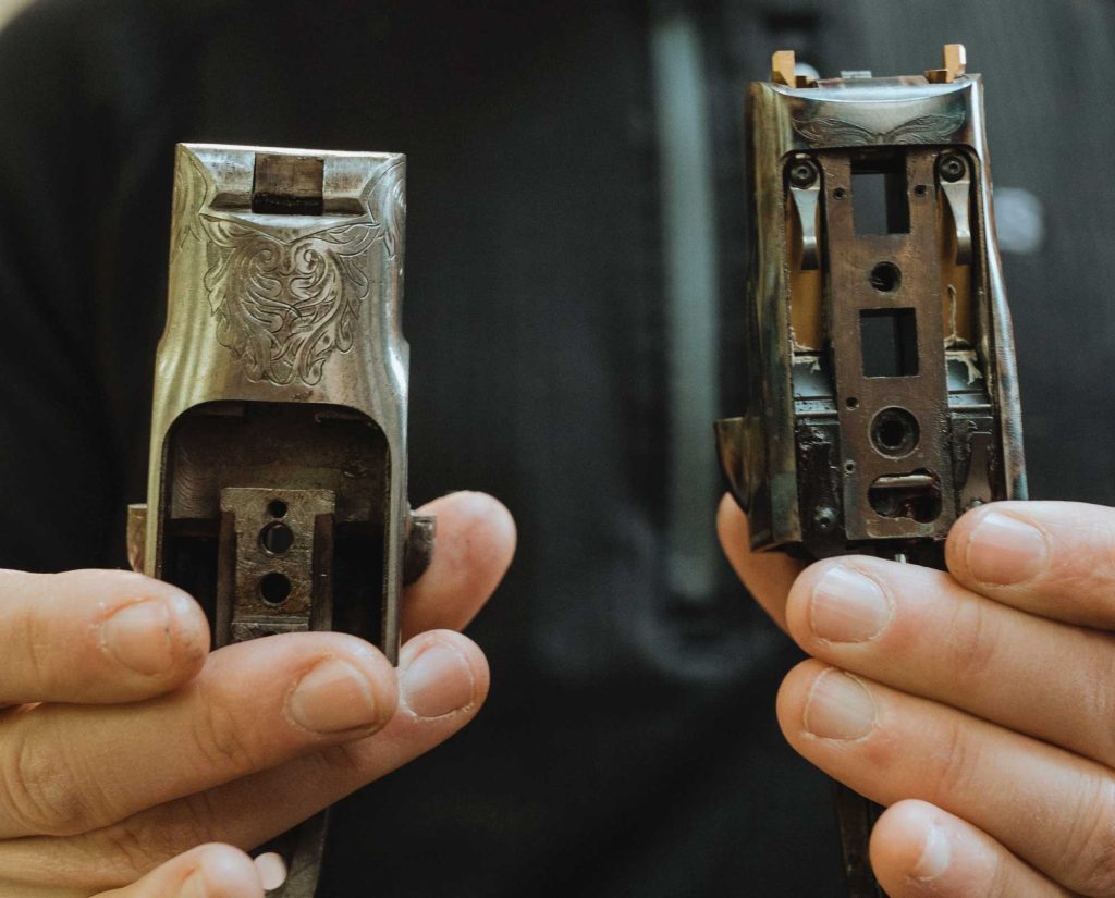 Left: Original 16-gauge A.H. Fox A Grade. Right: New 20-gauge Savage Fox A Grade.