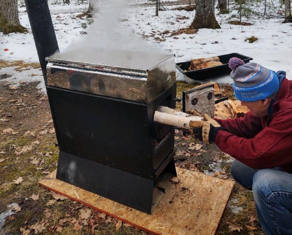Boiling down maple syrup.