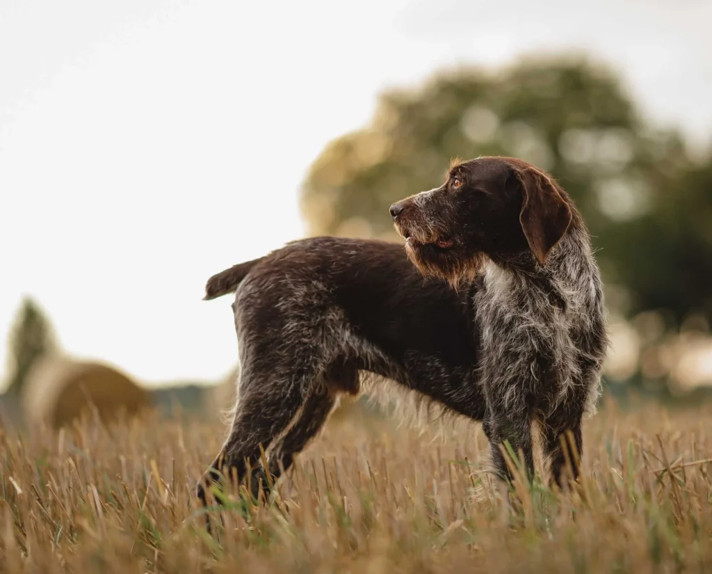 A Deutsch Drahthaar stands in a field 