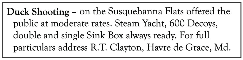 Advertisement in the Baltimore Sun for Duck shooting from sinkboxes