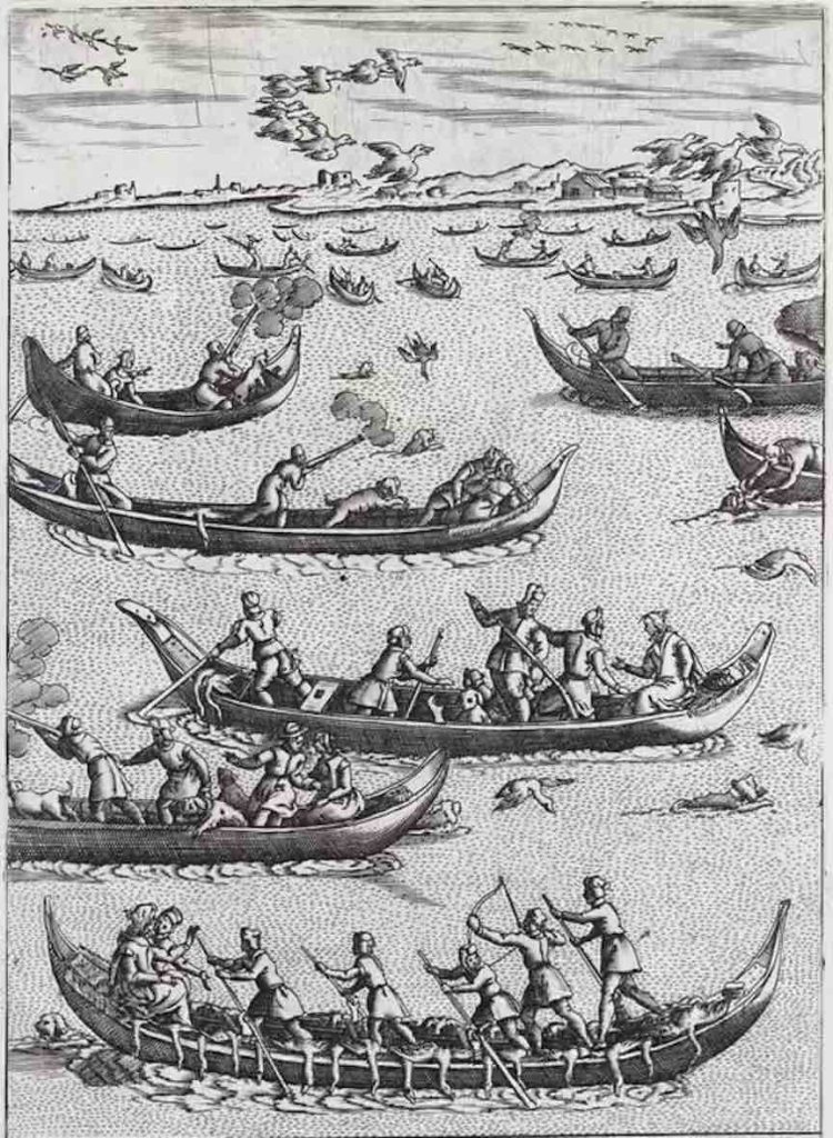 an old engraving of hunters in boats hunting ducks with dogs and early weapons