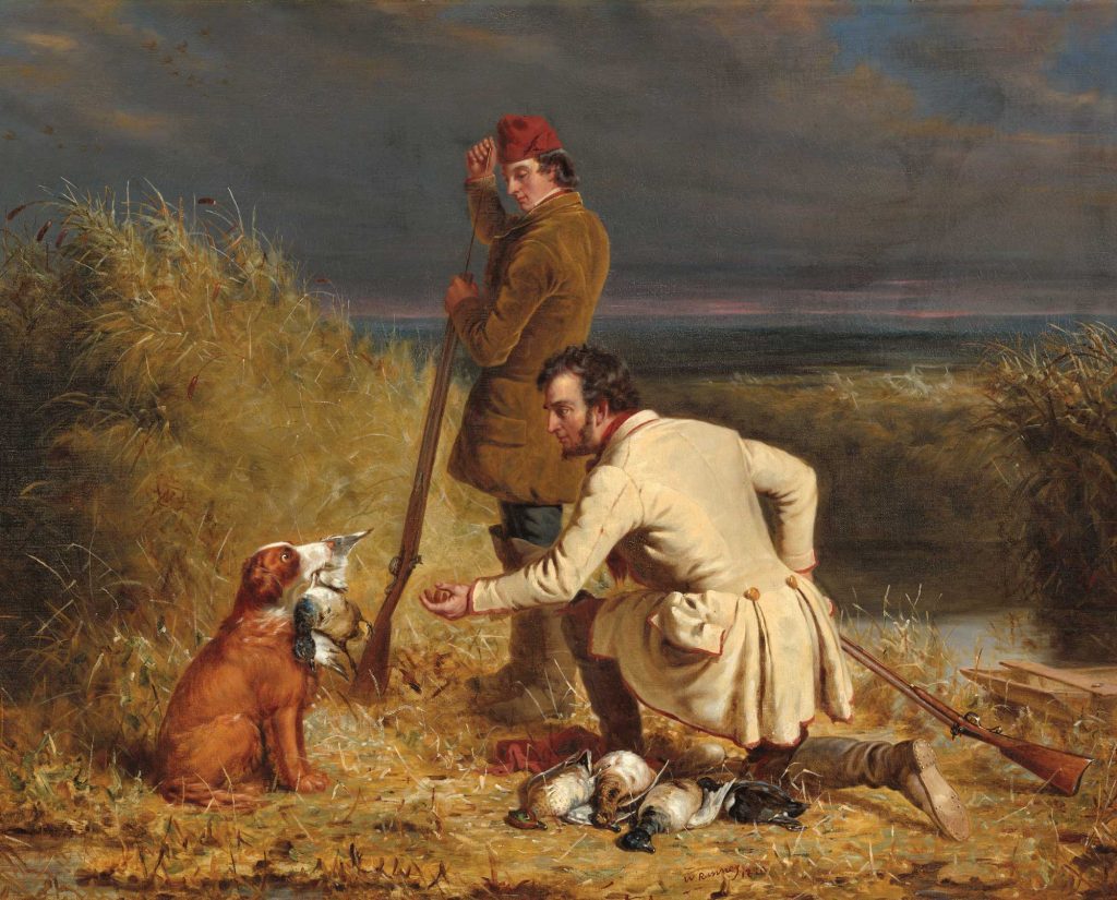 Early depiction of an Irish Setter being used by hunters.