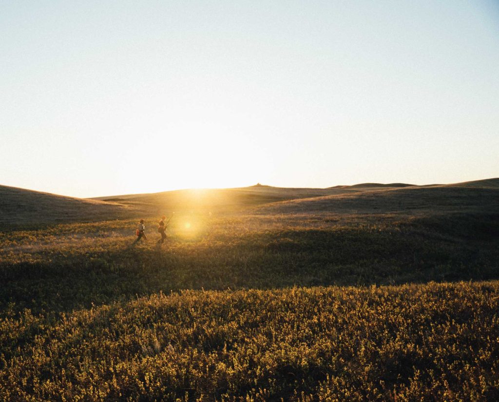 Bird hunters walk across native grasslands in North America