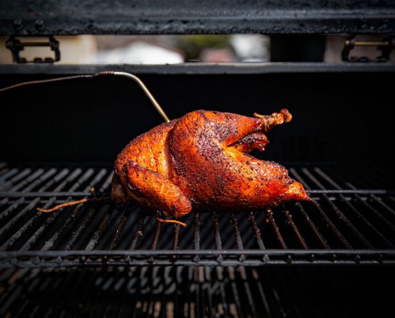 A whole, trussed pheasant roasts in a pellet grill.