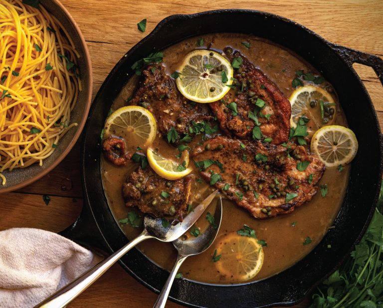 Pheasant Piccata ready to serve from the pan.
