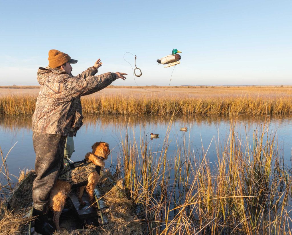 The author spreads out duck decoys. 