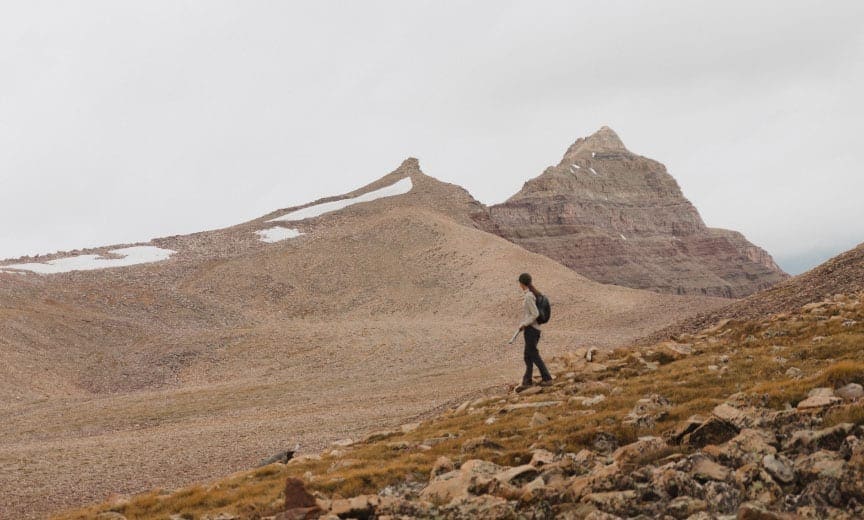 A women follows behind a bird dog on a ptarmigan hunt in Utah.
