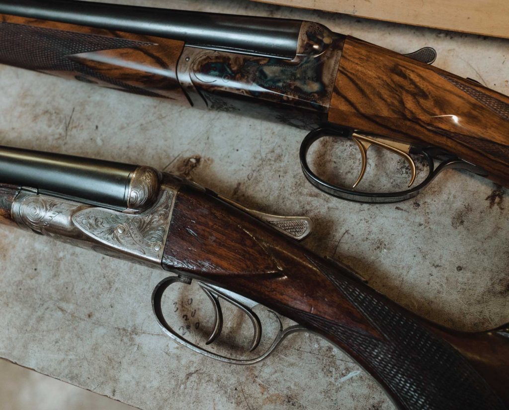 Top: New 20-gauge Savage Fox A Grade. Bottom: Original 16-gauge A.H. Fox A Grade. Note the slim stock on the 16.