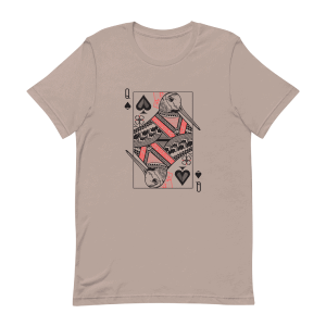 A shirt featuring a woodcock design in a queen playing card.