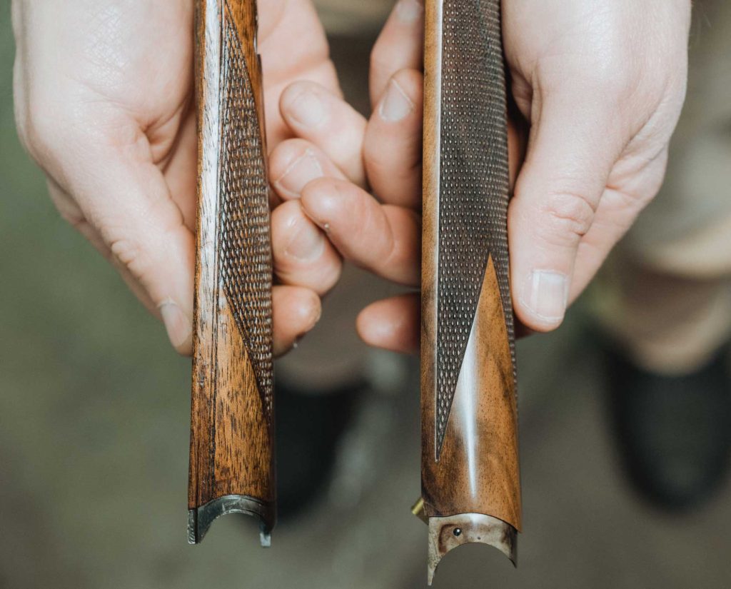 Left: Fore-end from an original 16-gauge A.H. Fox A Grade. Right: Fore-end from a new 20-gauge Savage Fox A Grade top.