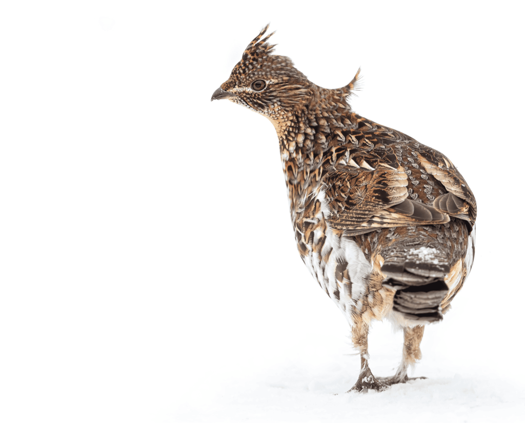 A ruffed grouse walks on snow.