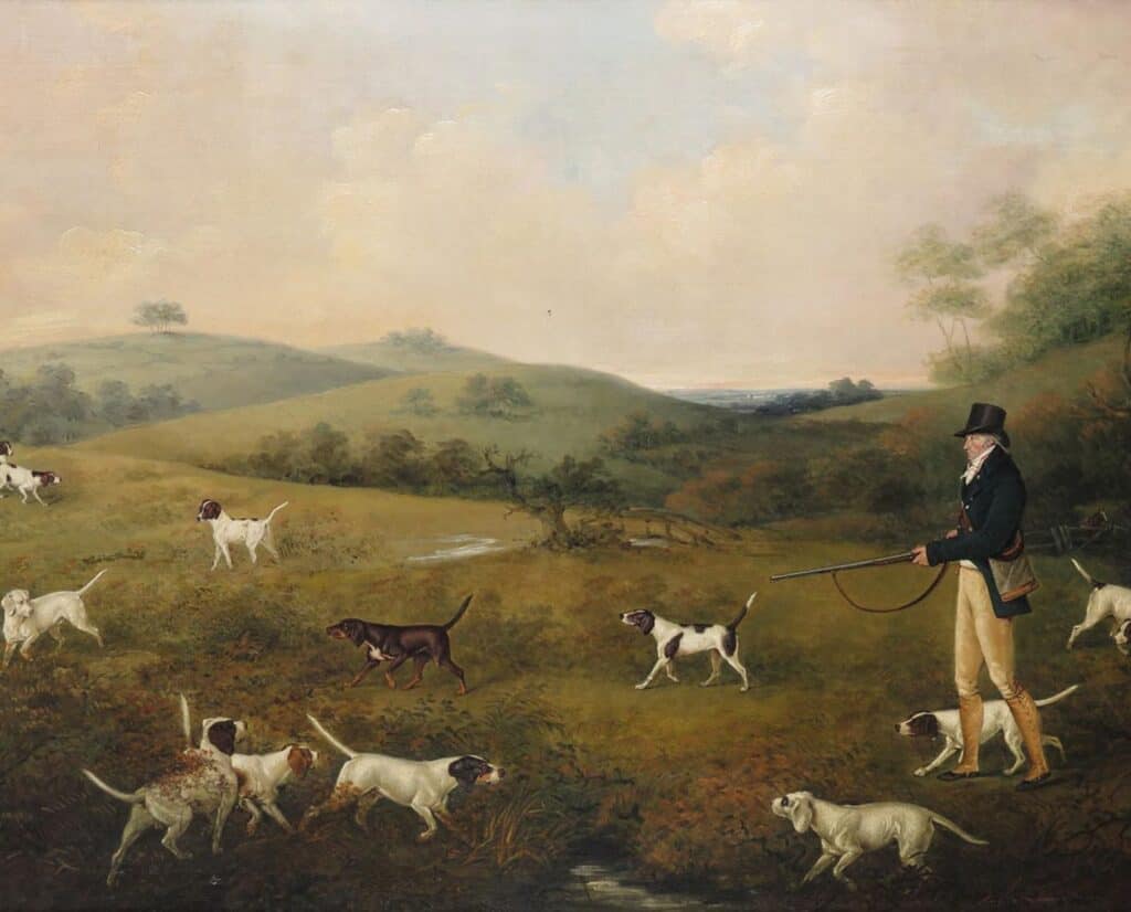 A painting of one dozen pointing dogs and one hunter depicting a variety of tail carriages.