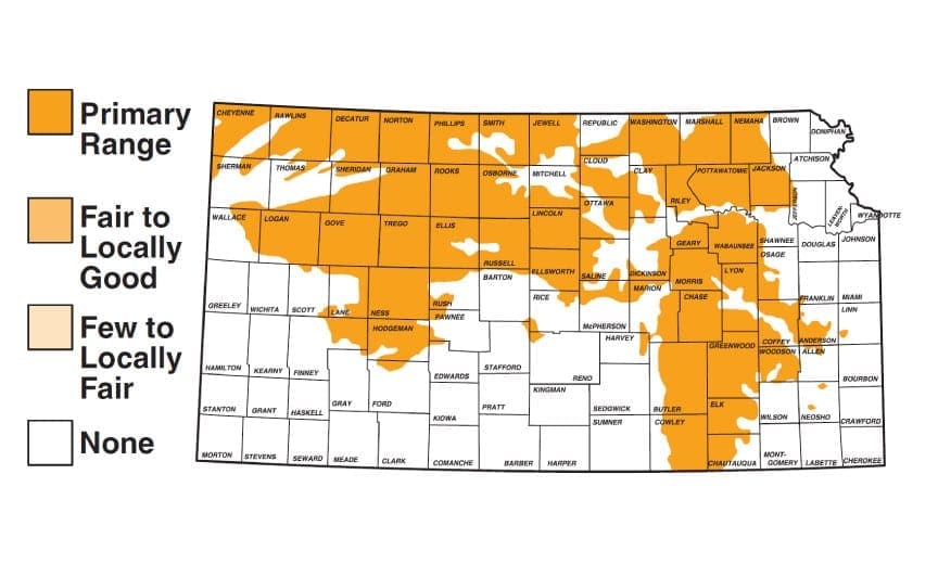 A map showing the distribution of prairie chicken populations in Kansas.