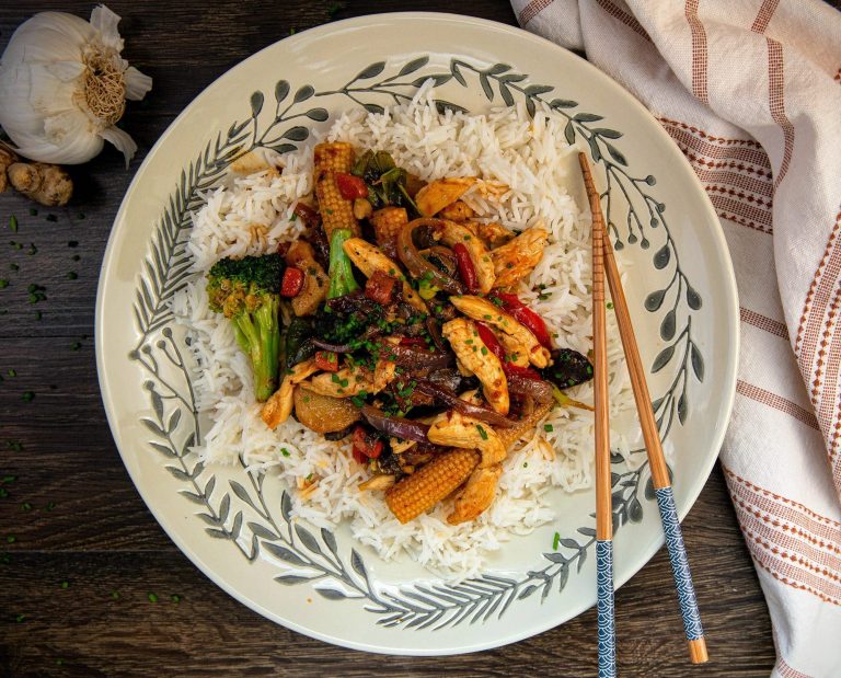 Pheasant stir fry sits on a table.