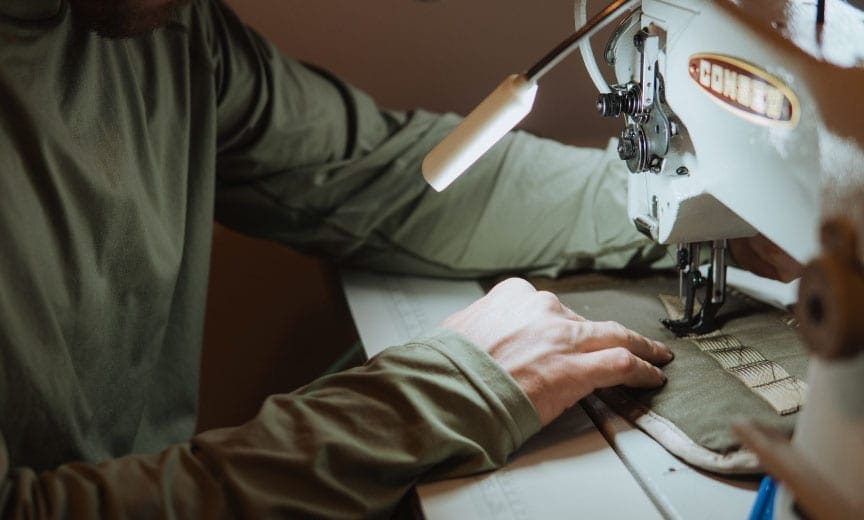 A Hunt Redi strap vest being stitched together. 